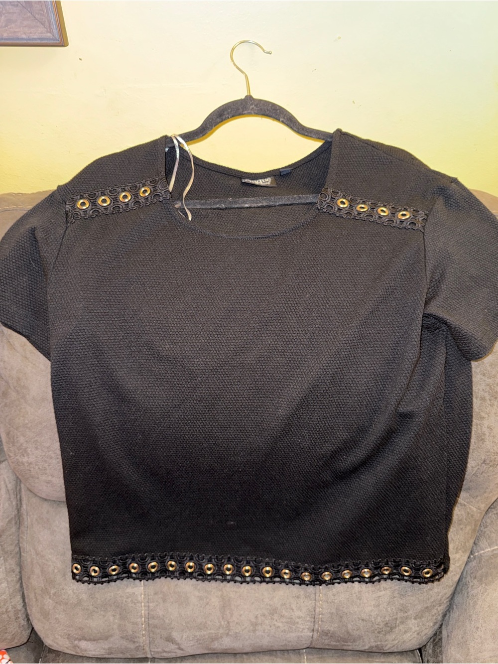 Black Eyelet Trim Short Sleeve Top